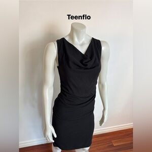 TEENFLO - Black Draped Neck and side gathered dress with back zipper. Size: 4